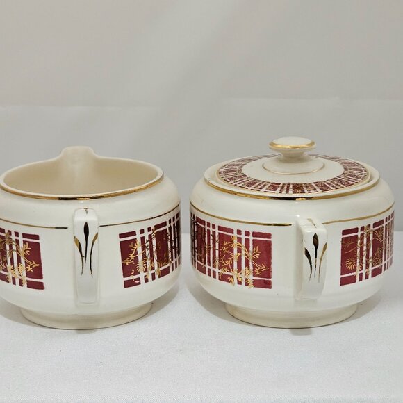Homer Laughlin Piccadilly Creamer Sugar Stacking Set vtg red plaid gold floral - Picture 3 of 11